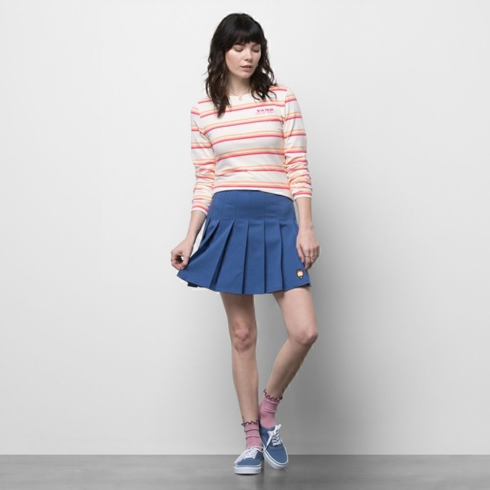 Vans Sunset Pleated Chino Skirt Mini Blue Palm On Fire Logo Women's Size 26 New